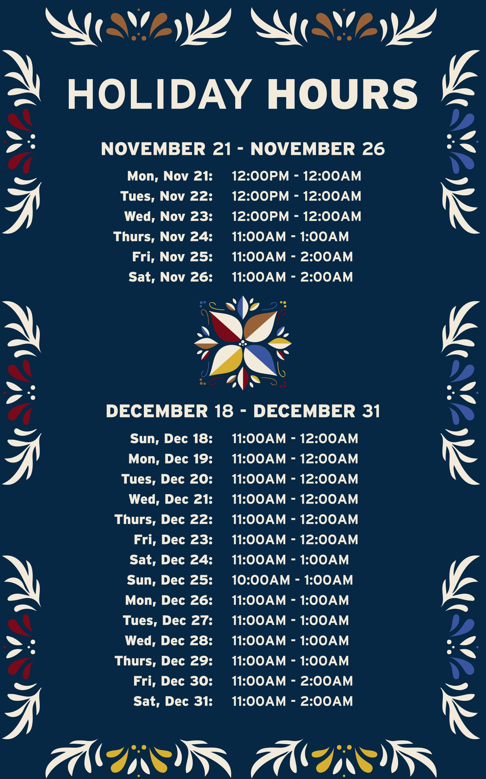 Red Hawk Holiday Hours 2022