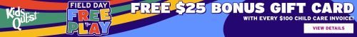 Colorful banner advertising a free $25 bonus gift card with every $100 child care invoice from Kids Quest, with a "View Details" button on the right.