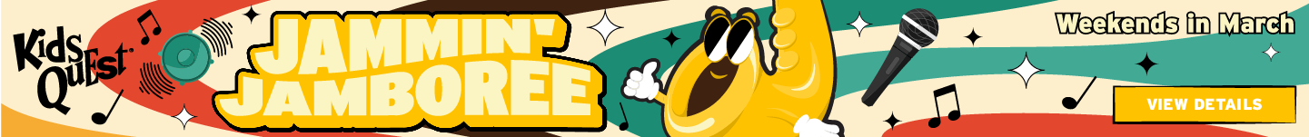 Cartoon saxophone with sunglasses and white gloves dances joyfully. The background features colorful swirls, music notes, and a microphone. Bold text reads "Jammin' Jamboree, Weekends in March." The mood is playful and energetic.