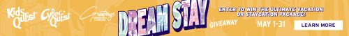 Banner with a bright orange background promotes a "Dream Stay Giveaway" from May 1-31. Bold, colorful text invites participation. A "Learn More" button is on the right.