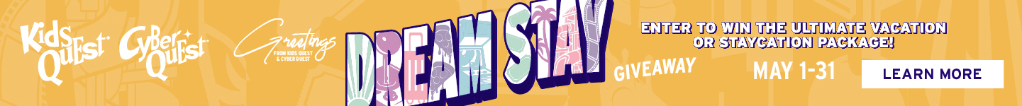 Banner with a bright orange background promotes a "Dream Stay Giveaway" from May 1-31. Bold, colorful text invites participation. A "Learn More" button is on the right.