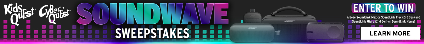 Gradient text with “Soundwave Sweepstakes” headline. Image shows Bose speakers on a black background with vibrant sound wave graphics and text, "Enter to Win."