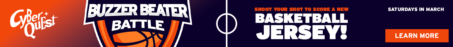 Orange and purple shield with a basketball reads "Cyber Quest Buzzer Beater Battle." Text below: "Shoot your shot to score a new basketball jersey!"