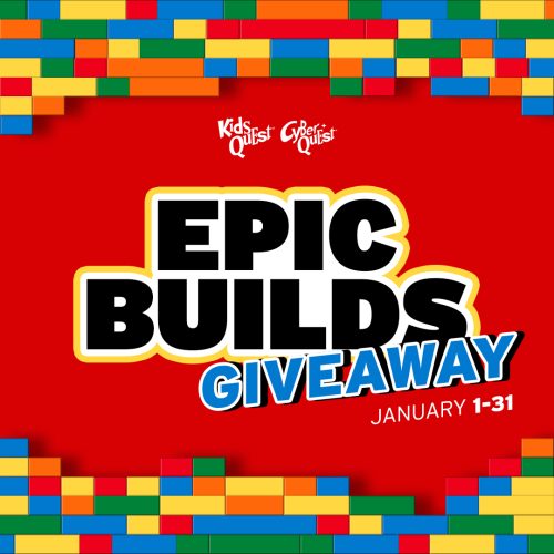 Red background with colorful LEGO bricks border the top. Bold text reads "Epic Builds Giveaway" with dates January 1-31.