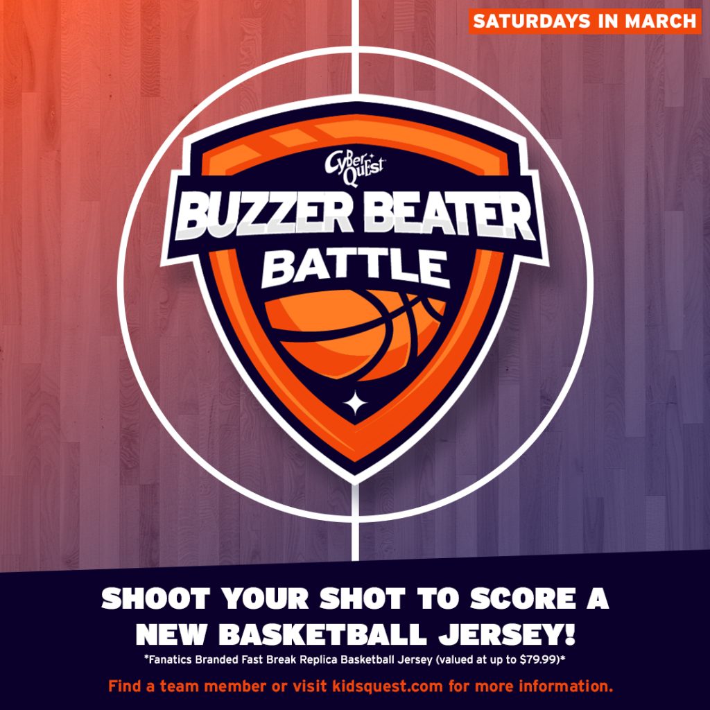 Orange and purple shield with a basketball reads "Cyber Quest Buzzer Beater Battle." Text below: "Shoot your shot to score a new basketball jersey!"