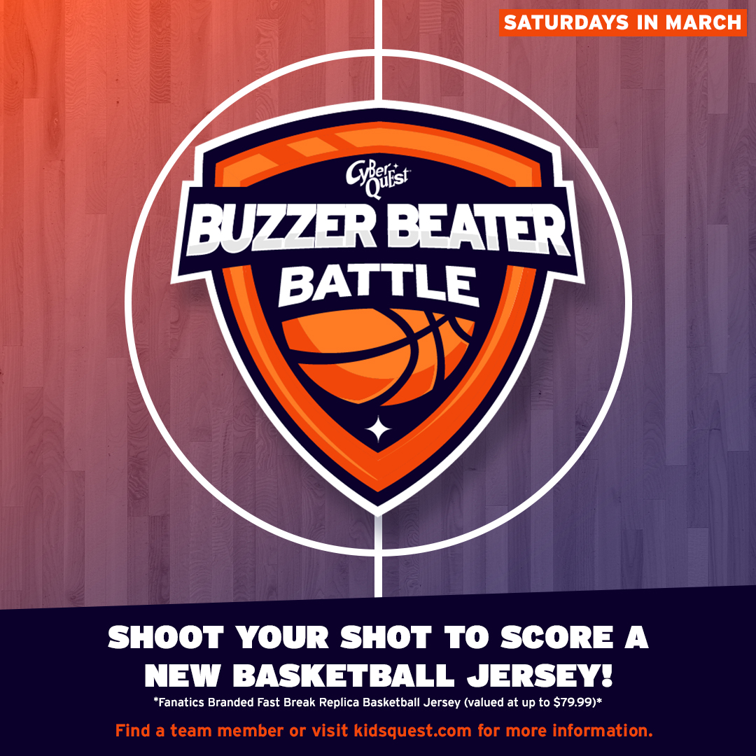 Orange and purple shield with a basketball reads "Cyber Quest Buzzer Beater Battle." Text below: "Shoot your shot to score a new basketball jersey!"