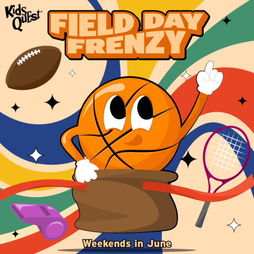 Animated image promoting "Field Day Frenzy" with a smiling basketball character in a sack, surrounded by a football, whistle, and tennis racket. Energetic and playful tone.