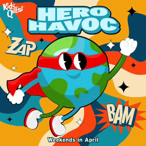 Playful illustration of Earth as a superhero with a red mask and cape, fists raised. Bold text reads "Hero Havoc," with "Zap" and "Bam" emphasized. Bright, comic style.