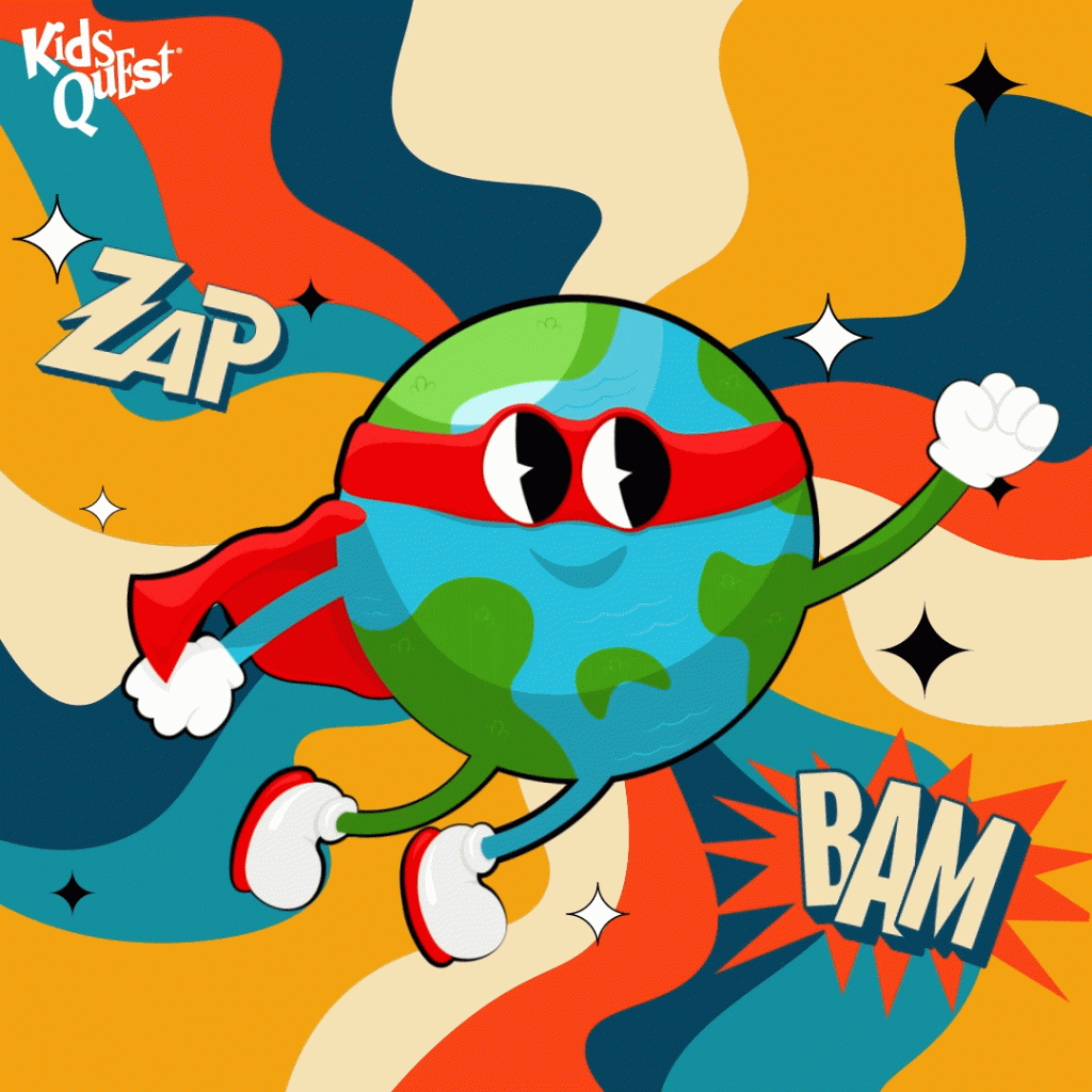Playful illustration of Earth as a superhero with a red mask and cape, fists raised. Bold text reads "Hero Havoc," with "Zap" and "Bam" emphasized. Bright, comic style.