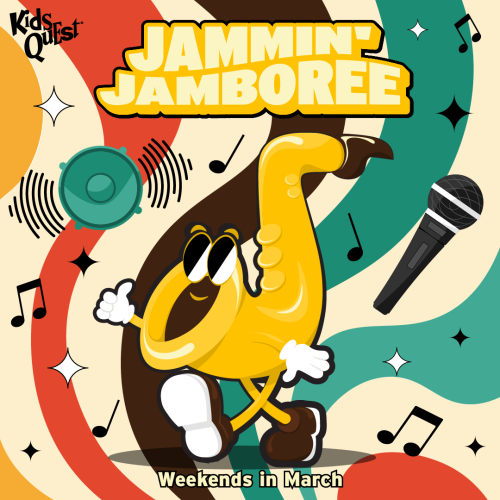 Cartoon saxophone with sunglasses and white gloves dances joyfully. The background features colorful swirls, music notes, and a microphone. Bold text reads "Jammin' Jamboree, Weekends in March." The mood is playful and energetic.
