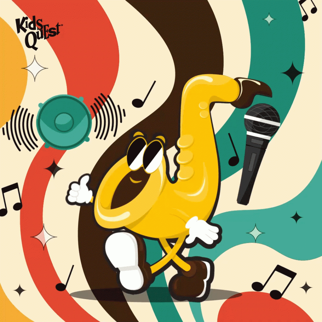 Cartoon saxophone with sunglasses and white gloves dances joyfully. The background features colorful swirls, music notes, and a microphone. Bold text reads "Jammin' Jamboree, Weekends in March." The mood is playful and energetic.