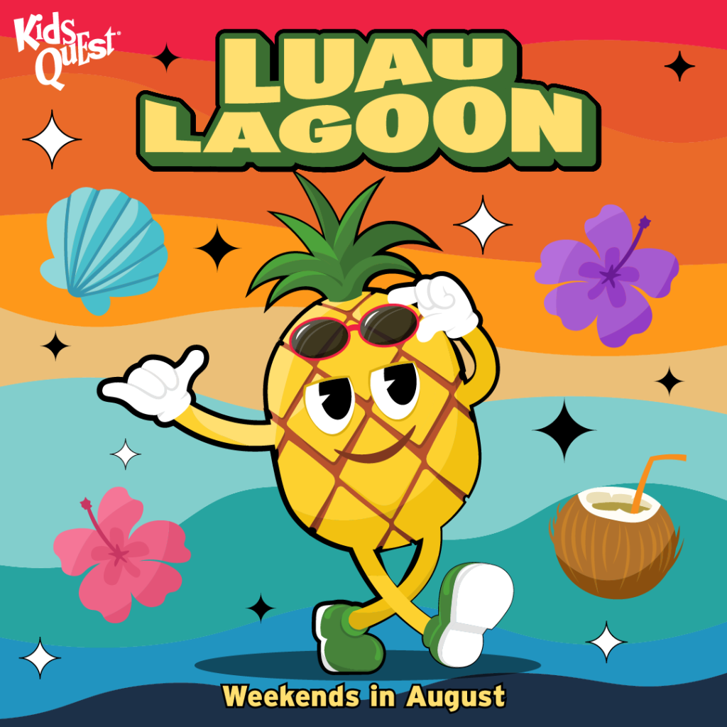 A cartoon pineapple with sunglasses and a playful pose is set against a colorful tropical background. Text reads “Luau Lagoon, Weekends in August.” Festive and fun.