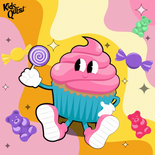 Cheerful cartoon cupcake with pink frosting, eyes, and limbs, holds a lollipop. Surrounded by colorful candy and stars. Text: "Sweet Tooth Spectacular, Weekends in February." Playful tone.