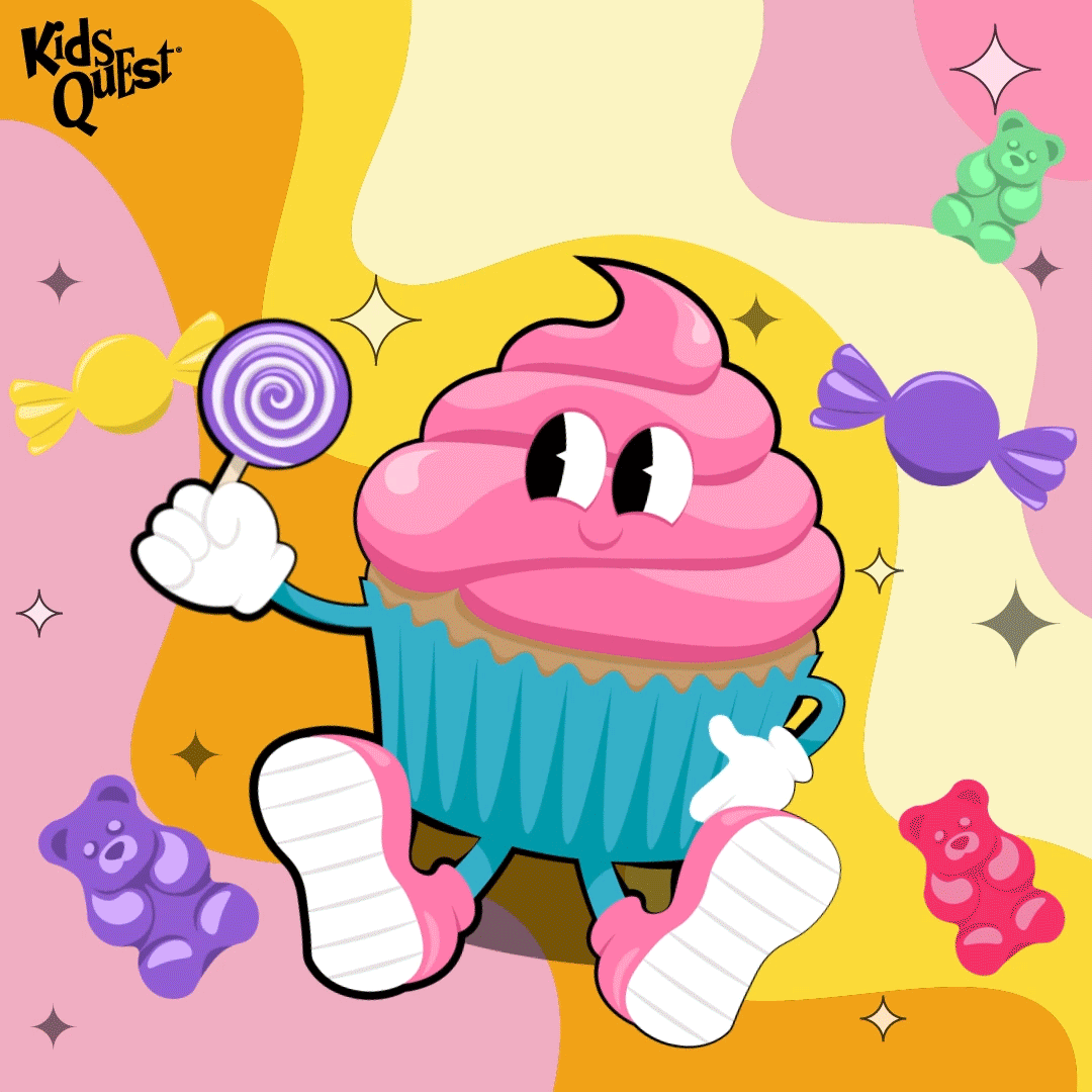 Cheerful cartoon cupcake with pink frosting, eyes, and limbs, holds a lollipop. Surrounded by colorful candy and stars. Text: "Sweet Tooth Spectacular, Weekends in February." Playful tone.