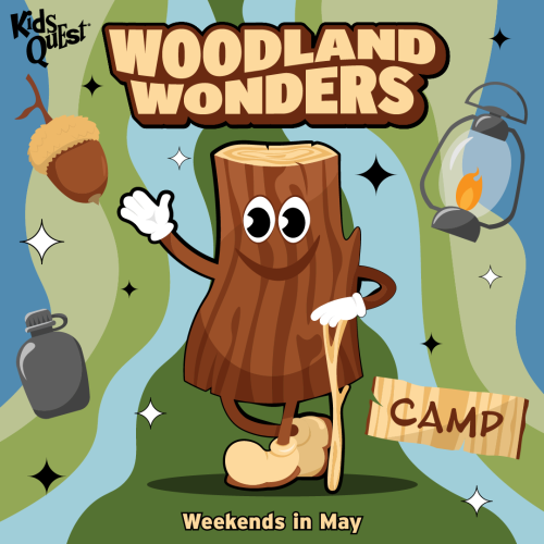 Cartoon tree stump character with eyes, arms, and boots, holding a walking stick. Text: "Woodland Wonders Camp, Weekends in May." Background: acorn, lantern, canteen. Fun, outdoors theme.