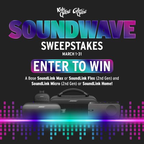 Gradient text with “Soundwave Sweepstakes” headline. Image shows Bose speakers on a black background with vibrant sound wave graphics and text, "Enter to Win."