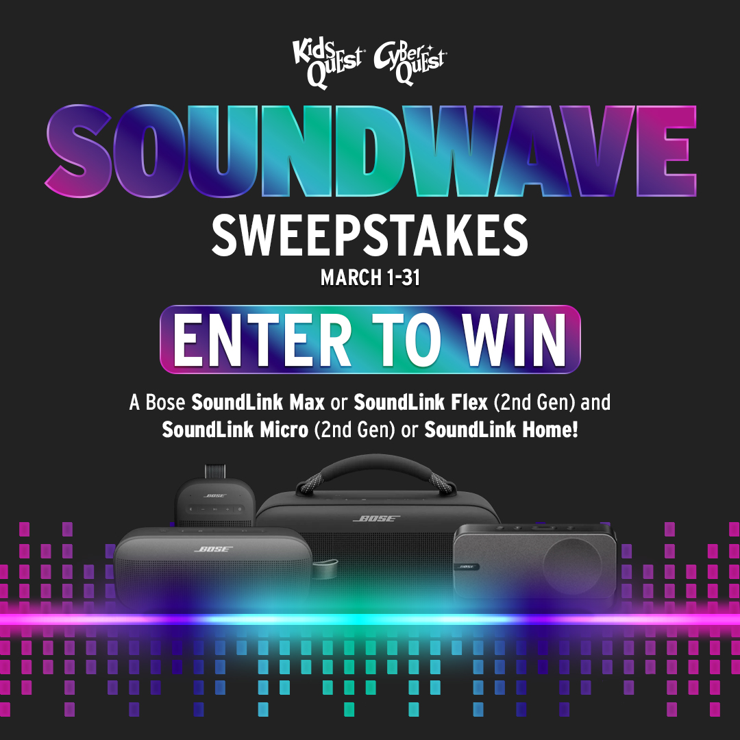 Gradient text with “Soundwave Sweepstakes” headline. Image shows Bose speakers on a black background with vibrant sound wave graphics and text, "Enter to Win."