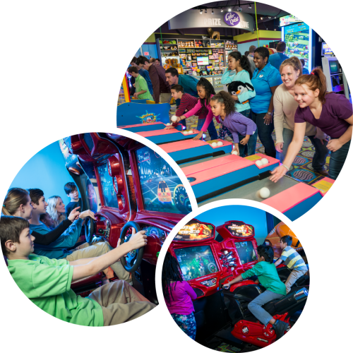 Collage of excitement at an arcade: families playing skee-ball, teens racing in car games, and kids on virtual motorbikes, vibrant and lively.