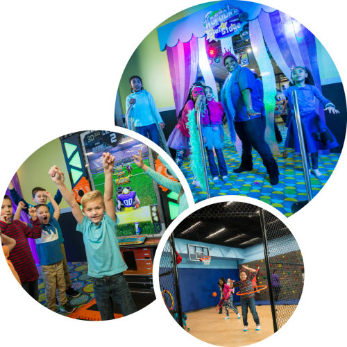 A collage of kids and adults having fun. Top: group enjoying a karaoke stage. Bottom left: kids cheering at an arcade game. Bottom right: gym activities. Bright and joyful.