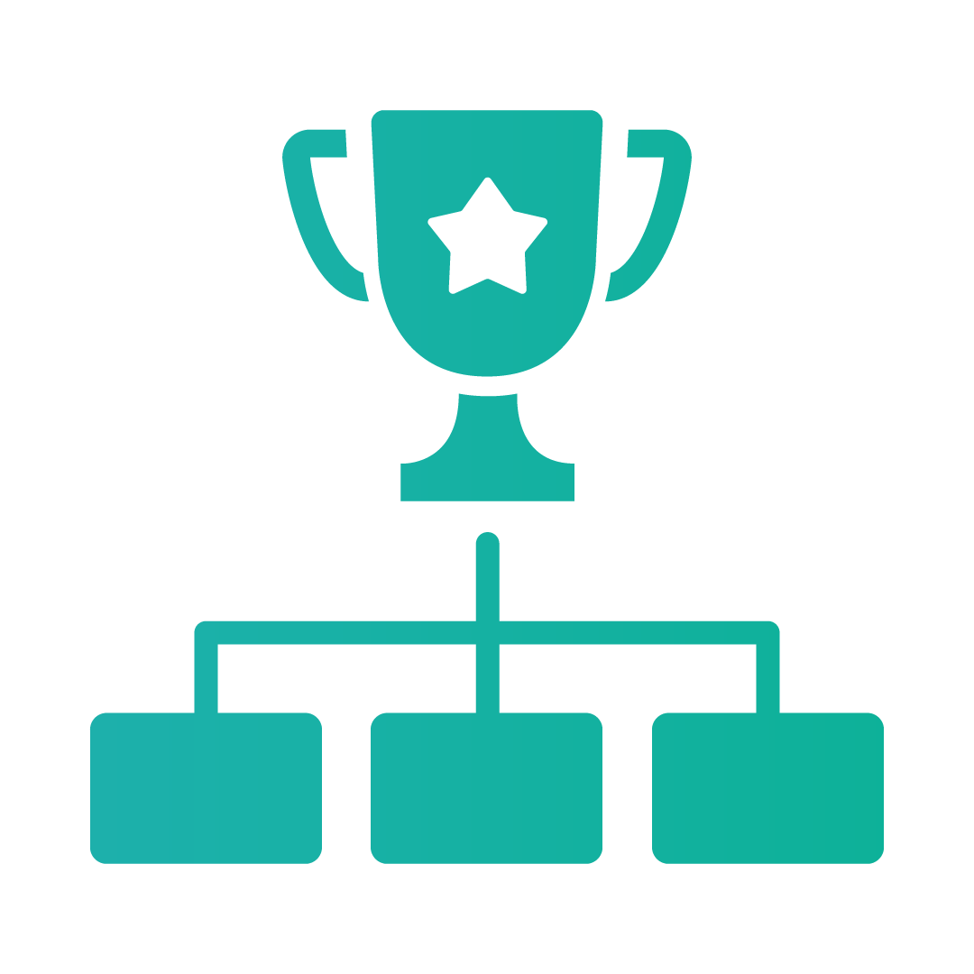 Turquoise trophy with a star above a flowchart of three connected boxes on a transparent background, symbolizing achievement and organization.
