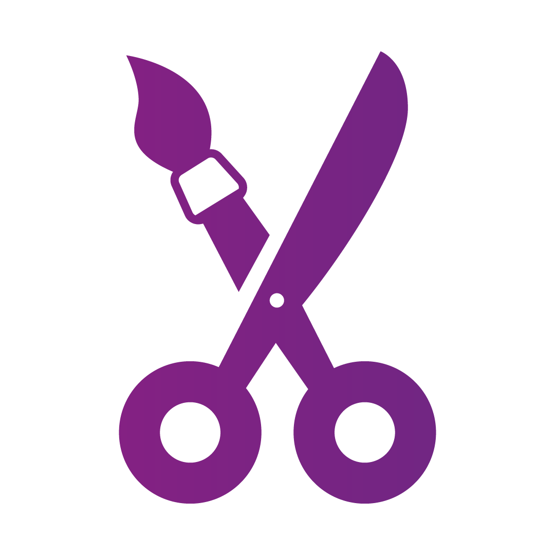 A pink/purple icon on a transparent background combines a paintbrush and scissors, symbolizing creativity and craftsmanship. The style is modern and minimalist.