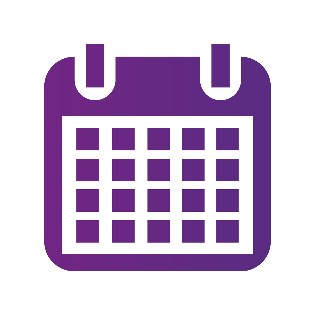 A purple calendar icon on a transparent background, showing a grid of squares representing days. The tone is modern and sleek, suggesting organization.
