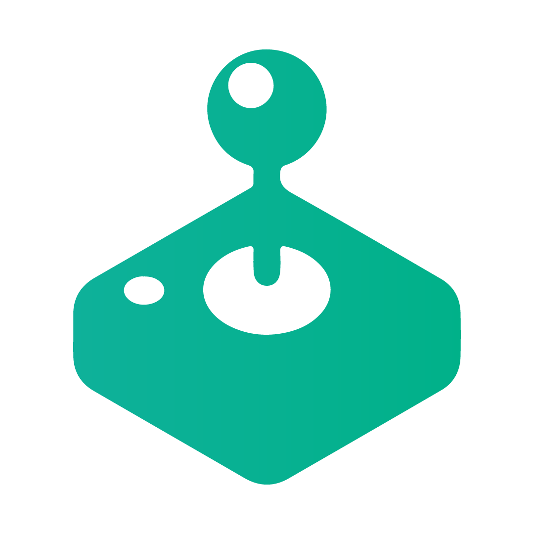 A teal, stylized game controller icon on a transparent background. The design features a hexagonal shape with a circular button and joystick on top.