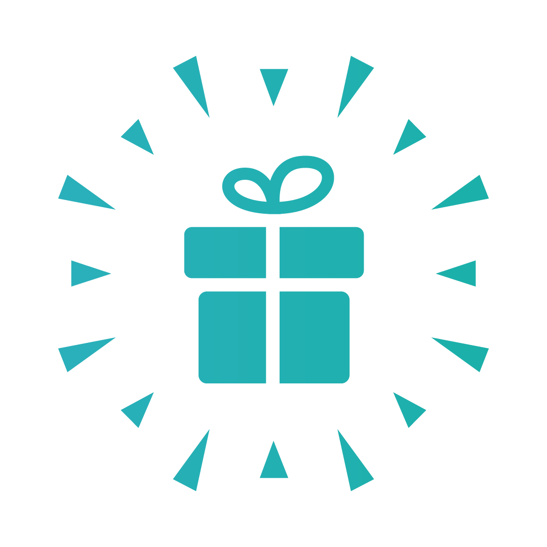 Teal icon of a gift box with a bow, surrounded by radiating lines, on a transparent background.
