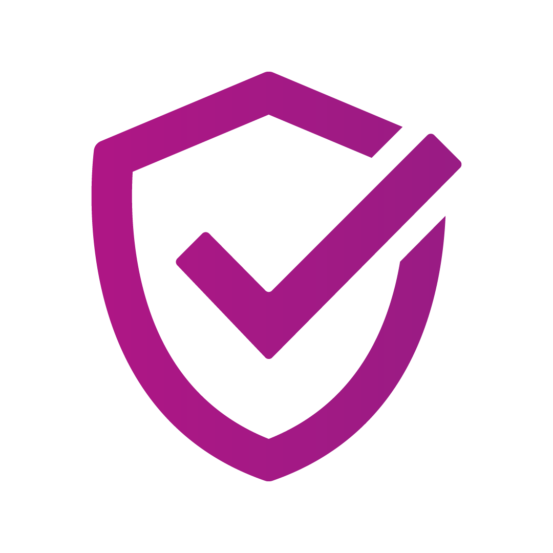 A pink shield outline with a check mark in the center, representing security or protection, transparent background.