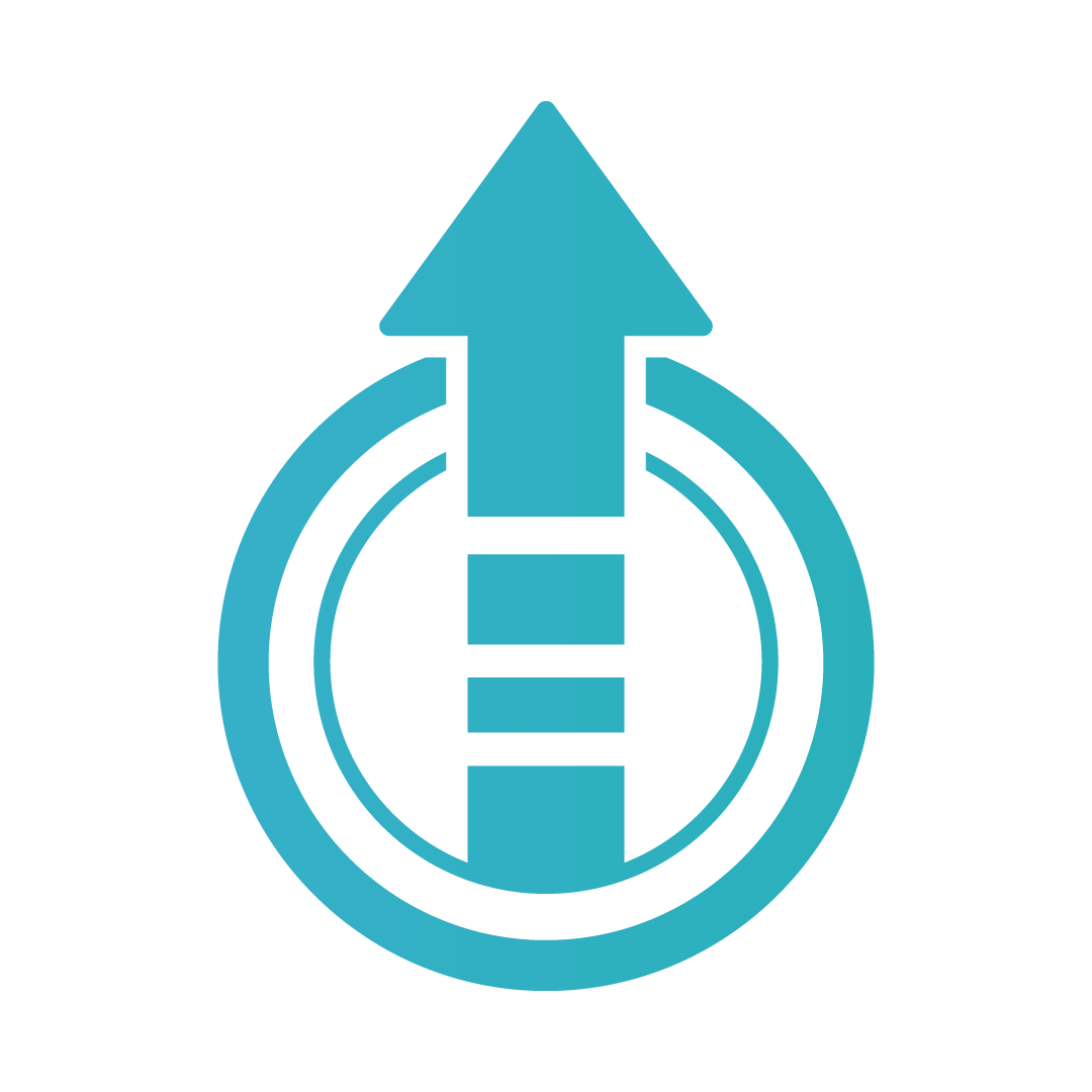 A teal arrow pointing upwards is enclosed within a circular design on a black background. The image conveys concepts of growth and direction.
