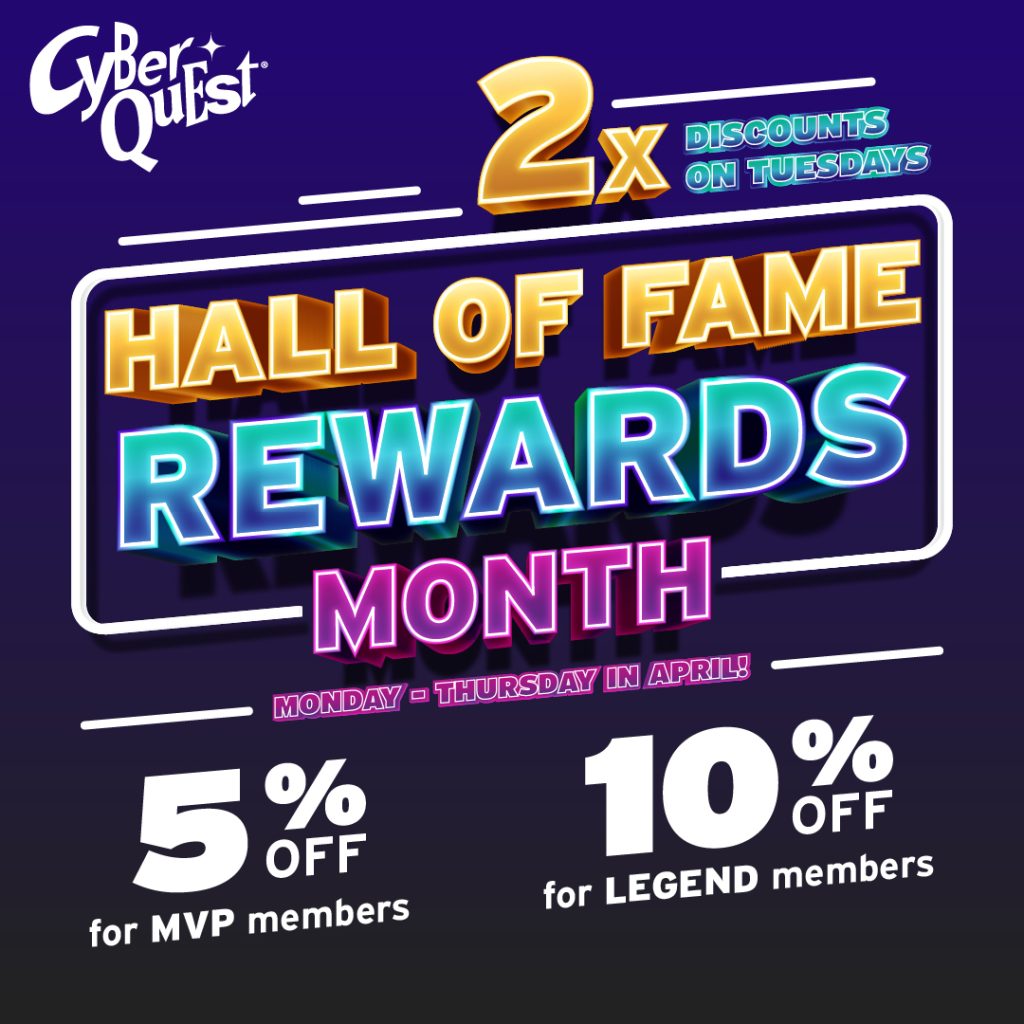 Bold text on a dark blue background announces “Hall of Fame Rewards Month.” Highlights: “2x Discounts on Tuesdays," "5% off for MVP," and "10% off for Legend."