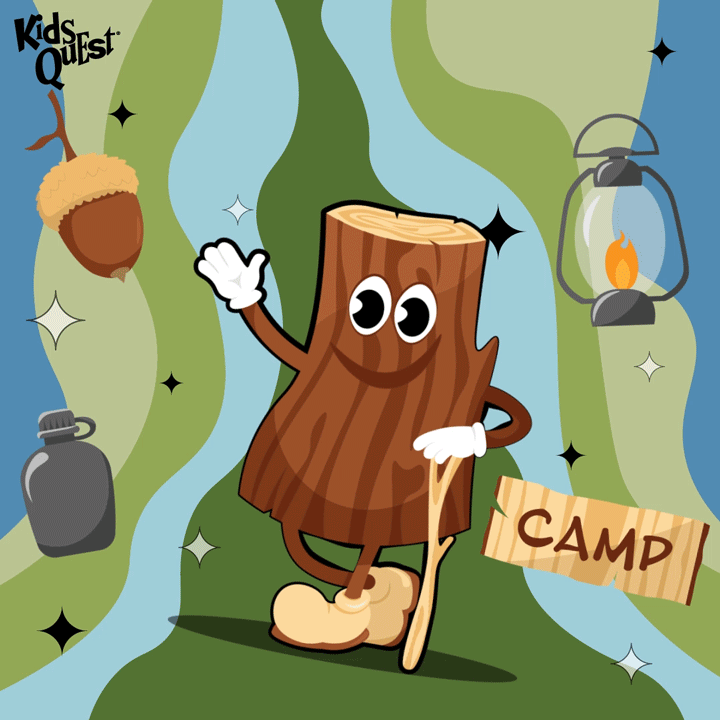 Cartoon tree stump character with eyes, arms, and boots, holding a walking stick. Text: "Woodland Wonders Camp, Weekends in May." Background: acorn, lantern, canteen. Fun, outdoors theme.