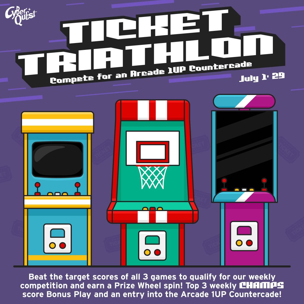 Alt text: "Promotional graphic for 'Ticket Triathlon' competition showing three colorful arcade machines on a purple background. Large bold text reads 'Compete for an Arcade 1UP Countercade.' Date shown: July 1-29. Bottom text explains competition details, mentioning top scores, weekly challenges, and prize incentives."