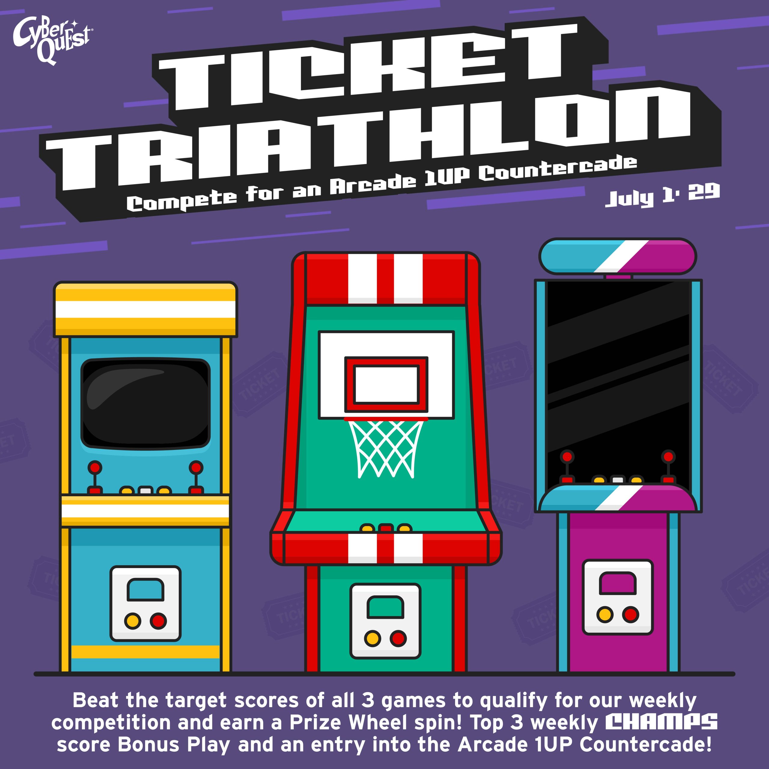 Alt text: "Promotional graphic for 'Ticket Triathlon' competition showing three colorful arcade machines on a purple background. Large bold text reads 'Compete for an Arcade 1UP Countercade.' Date shown: July 1-29. Bottom text explains competition details, mentioning top scores, weekly challenges, and prize incentives."