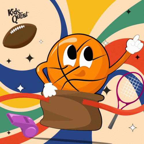 Animated image promoting "Field Day Frenzy" with a smiling basketball character in a sack, surrounded by a football, whistle, and tennis racket. Energetic and playful tone.