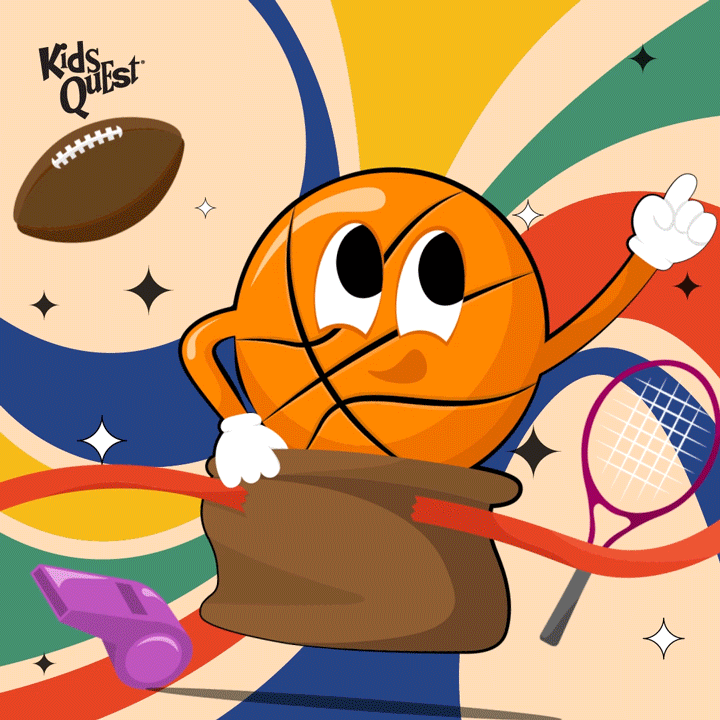 Animated image promoting "Field Day Frenzy" with a smiling basketball character in a sack, surrounded by a football, whistle, and tennis racket. Energetic and playful tone.