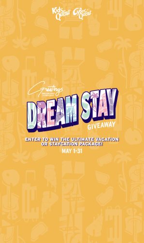 Yellow poster with "Dream Stay Giveaway" in bold letters. Background features travel icons. Text reads "Enter to win the ultimate vacation or staycation package! May 1-31."